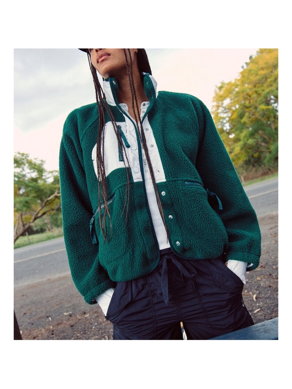 Free People Hit The Slopes Forest Green Sherpa Jacket Colorblock FP Movement NWT